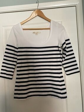 Boston Proper Black & White Striped Scoop Neck Long Sleeve Top